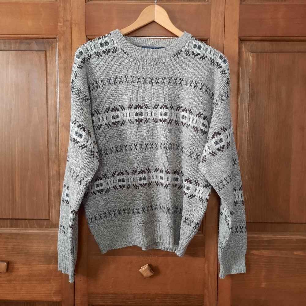 Vintage Basic Editions tan white fair isle Cosby Grandpa knit sweater size M